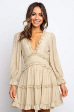 Load image into Gallery viewer, Beige V Neck Ruffle Detailing Open Back Dress
