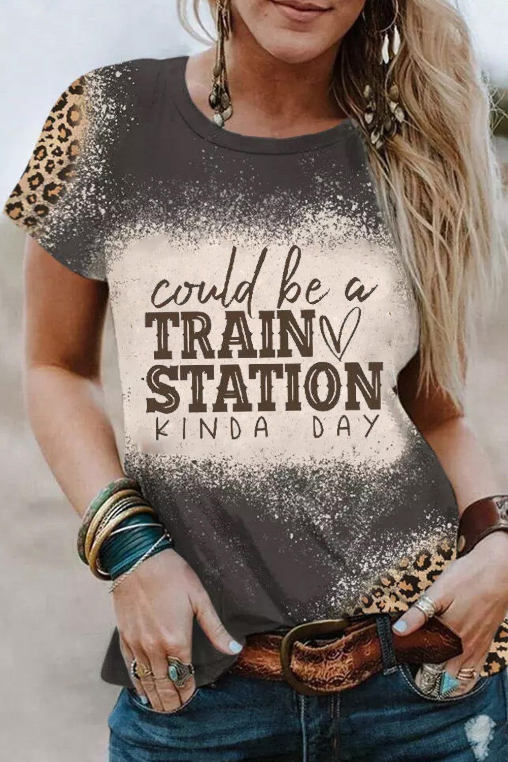 TRAIN STATION Leopard Bleached Print Graphic T Shirt