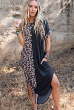Load image into Gallery viewer, Contrast Solid Leopard Short Sleeve T-shirt Dress with Slits
