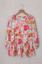 Load image into Gallery viewer, Floral Print Ruched V Neck Babydoll Blouse
