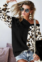 Load image into Gallery viewer, Asymmetric Leopard Patchwork Wide Sleeve V Neck Sweater
