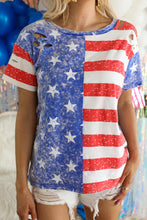 Load image into Gallery viewer, Stripe American Flag Print Distressed Crew Neck T Shirt
