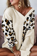 Load image into Gallery viewer, Beige Asymmetric Leopard Patchwork Wide Sleeve V Neck Sweater
