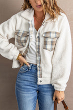 Load image into Gallery viewer, Beige Plaid Patchwork Buttoned Fleece Turn Down Collar Jacket
