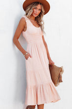 Load image into Gallery viewer, Smocked Ruched Sleeveless High Waist Midi Dress
