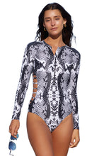 Load image into Gallery viewer, Snake Print Zipper Cut-out Rash Guard Swimsuit
