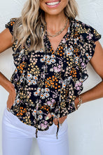 Load image into Gallery viewer, Floral Print Ruffle Drawstring V Neck Blouse
