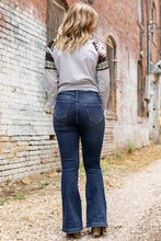 Load image into Gallery viewer, Dark Washed Distressed Flare Bottom Jeans
