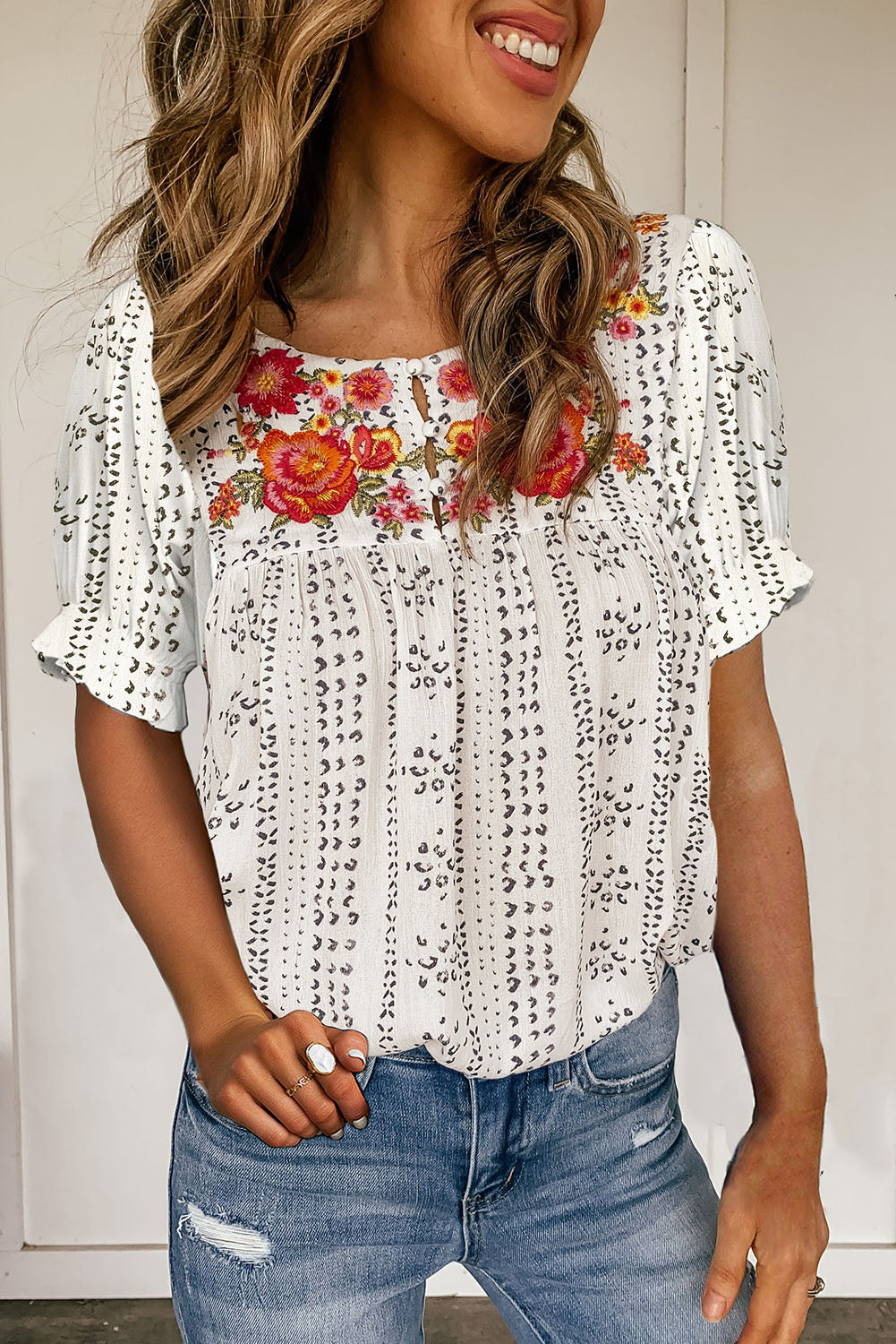 Floral Embroidered Ethnic Printed Crinkle Blouse