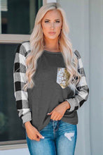 Load image into Gallery viewer, Plaid Splicing Sequined Pocket Long Sleeve Top
