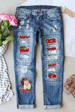 Load image into Gallery viewer, Santa Claus Pattern Splicing Distressed Boyfriend Jeans
