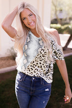 Load image into Gallery viewer, Snakeskin Leopard Color Block Cold Shoulder Short Sleeve T-shirt
