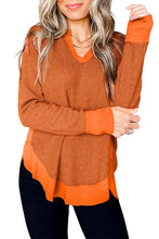 Load image into Gallery viewer, Waffle Knit Patchwork V Neck Long Sleeve Top
