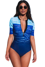 Load image into Gallery viewer, Print Zip Front Half Sleeve One Piece Swimsuit
