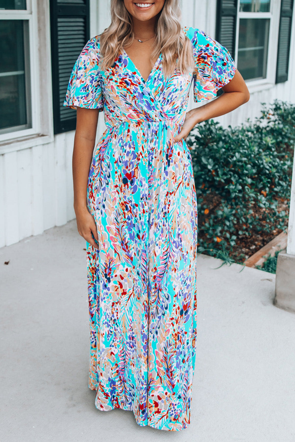 Wrap V Neck Floral Maxi Dress