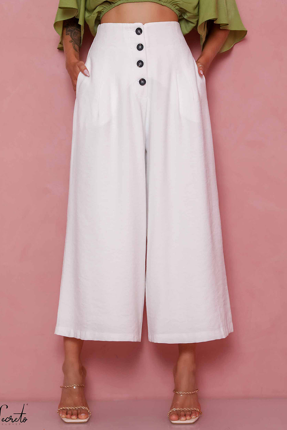 Buttons Cropped Wide Leg Pants