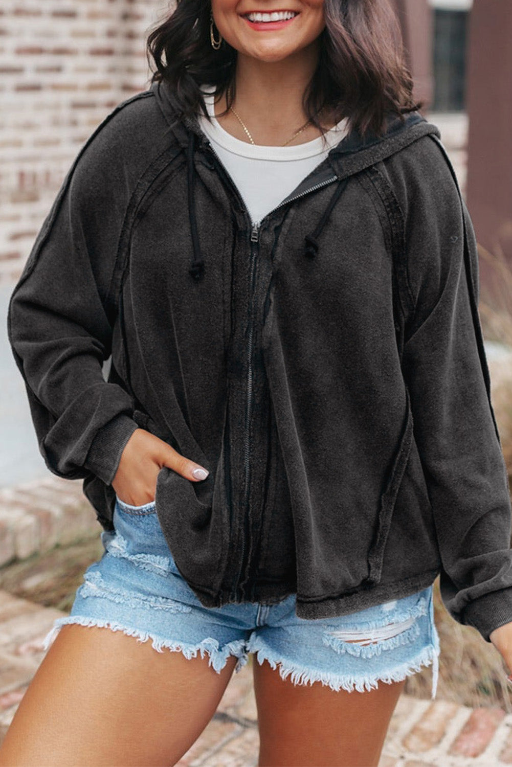 Solid Color Oversized Zip Up Hoodie with Pockets