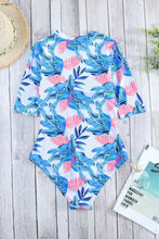 Load image into Gallery viewer, Blue Leaves Zip Front Half Sleeve One Piece Swimsuit
