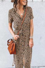 Load image into Gallery viewer, Khaki Leopard Turn-Down Collar Slit Midi Dress
