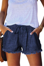 Load image into Gallery viewer, Dark Blue Casual Pocketed Frayed Denim Shorts
