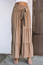 Load image into Gallery viewer, Khaki Lace up Smocked Waist Tiered Wide Leg Pants
