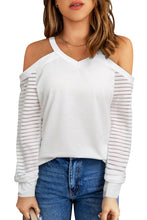 Load image into Gallery viewer, Mesh Striped Cut-out Cold Shoulder Long Sleeve T-shirt
