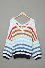 Load image into Gallery viewer, Multicolor Stripe Bubblegum V-Neck Braided Knit Sweater

