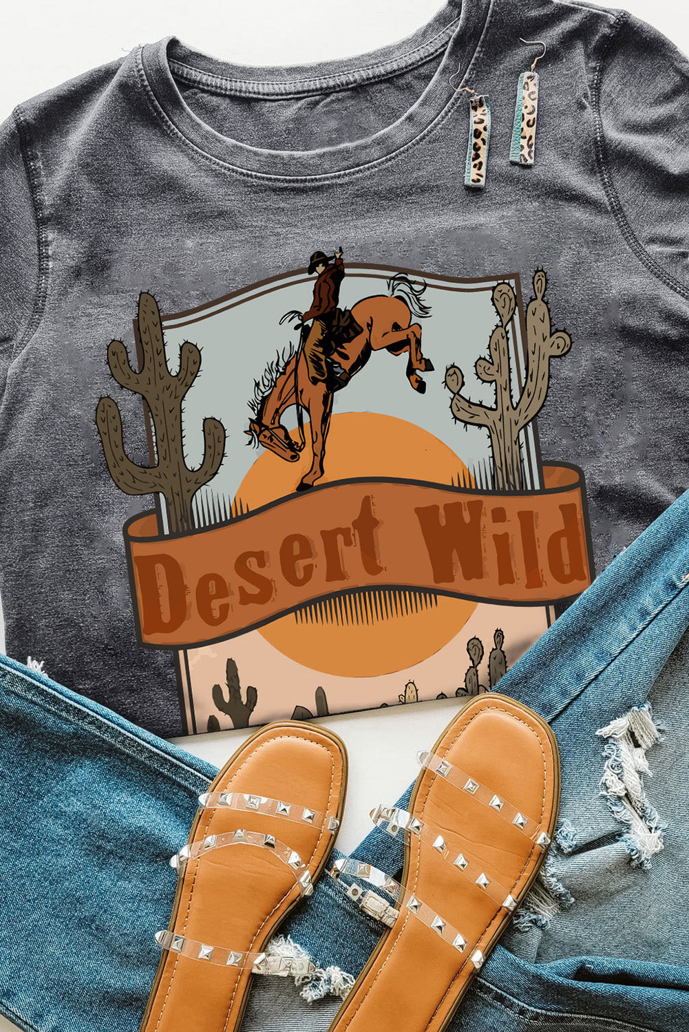 Desert Wild Cowboy Cactus Print Short Sleeve Graphic Tee