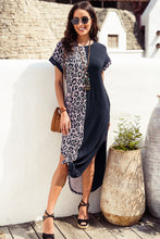 Load image into Gallery viewer, Contrast Solid Leopard Short Sleeve T-shirt Dress with Slits
