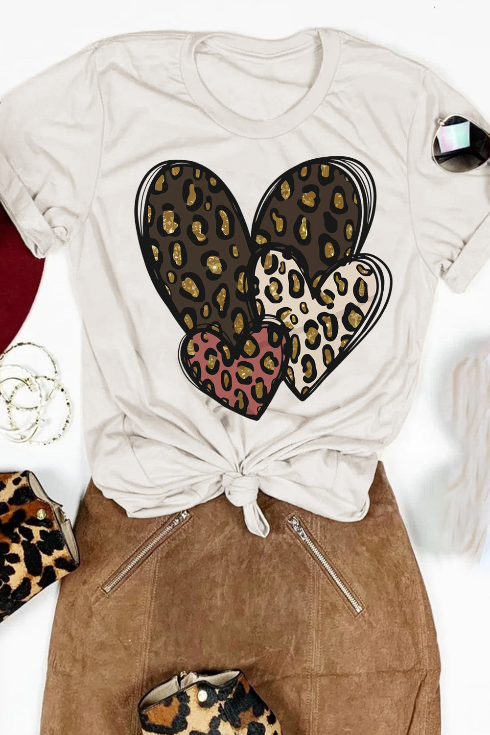 Leopard Heart Shaped Print Short Sleeve Graphic Tee