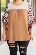 Load image into Gallery viewer, Khaki Waffle Knit Animal Print Ruffle Sleeves Plus Size Top
