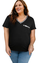 Load image into Gallery viewer, Sequin Trim V Neck Chest Pocket Plus Size Tee

