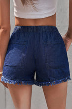 Load image into Gallery viewer, Dark Blue Casual Pocketed Frayed Denim Shorts
