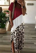 Load image into Gallery viewer, Leopard Color Block Side Slit T Shirt Maxi Dress
