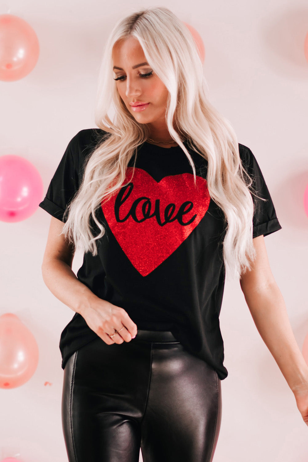 Love Heart Shaped Glitter Print Short Sleeve T Shirt