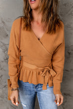 Load image into Gallery viewer, Rib Knit Surplice Neck Belted Peplum Sweater
