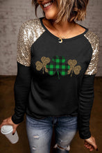 Load image into Gallery viewer, Plaid Leopard Clover Print Sequin Patchwork Long Sleeve Top

