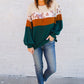 Green Leopard Color Block Waffle Knit Top