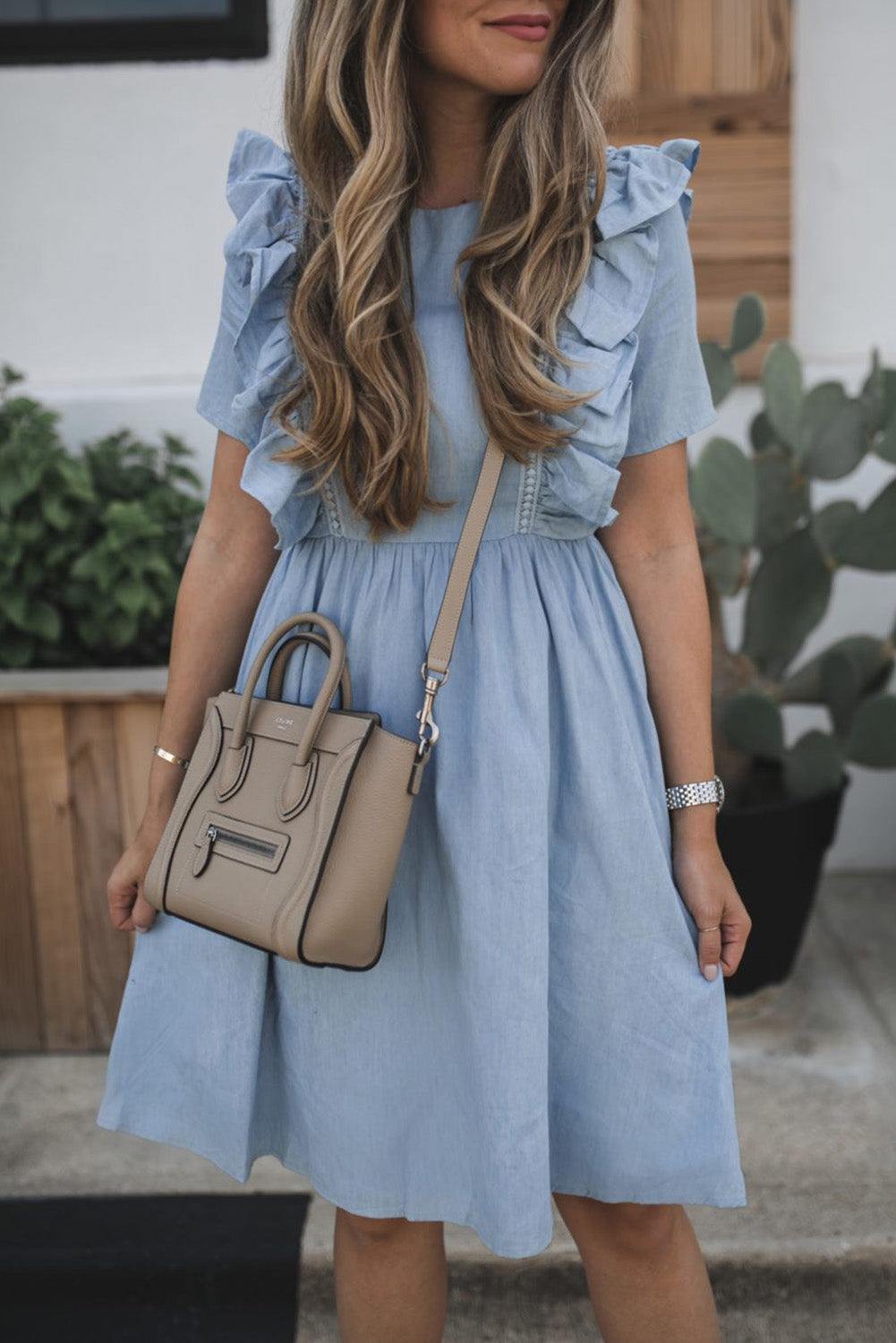 Ruffle Chambray Midi Dress