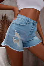 Load image into Gallery viewer, Light Blue Frayed Hem Denim Shorts
