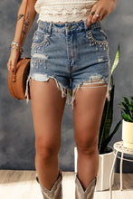 Load image into Gallery viewer, Tassel Rhinestones Distressed Denim Shorts
