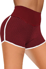 Load image into Gallery viewer, Burgundy High Waist Honeycomb Contrast Stripes Butt Lifting Yoga Shorts
