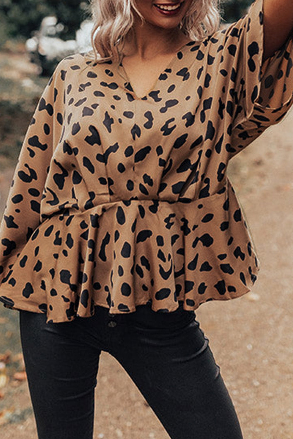 V Neck Leopard Print Peplum Blouse