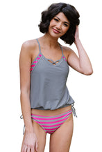 Load image into Gallery viewer, Light Gray Tankini with Stripes Patchwork
