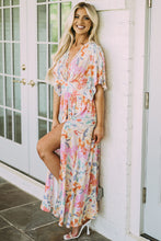 Load image into Gallery viewer, Multicolor Tropical Floral Print Ruched V Neck Maxi Dress
