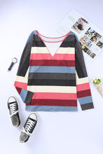 Load image into Gallery viewer, Multicolor Striped Mesh Splicing Round Neck Long Sleeve Top
