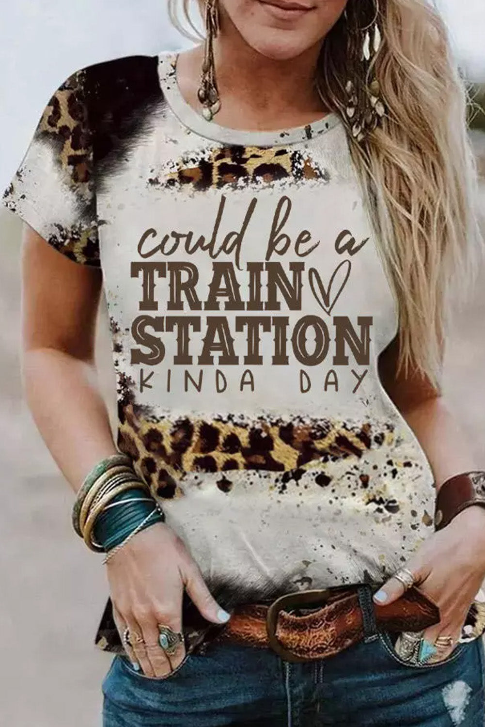 TRAIN STATION Graphic Leopard Print T Shirt