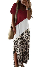 Load image into Gallery viewer, Leopard Color Block Side Slit T Shirt Maxi Dress

