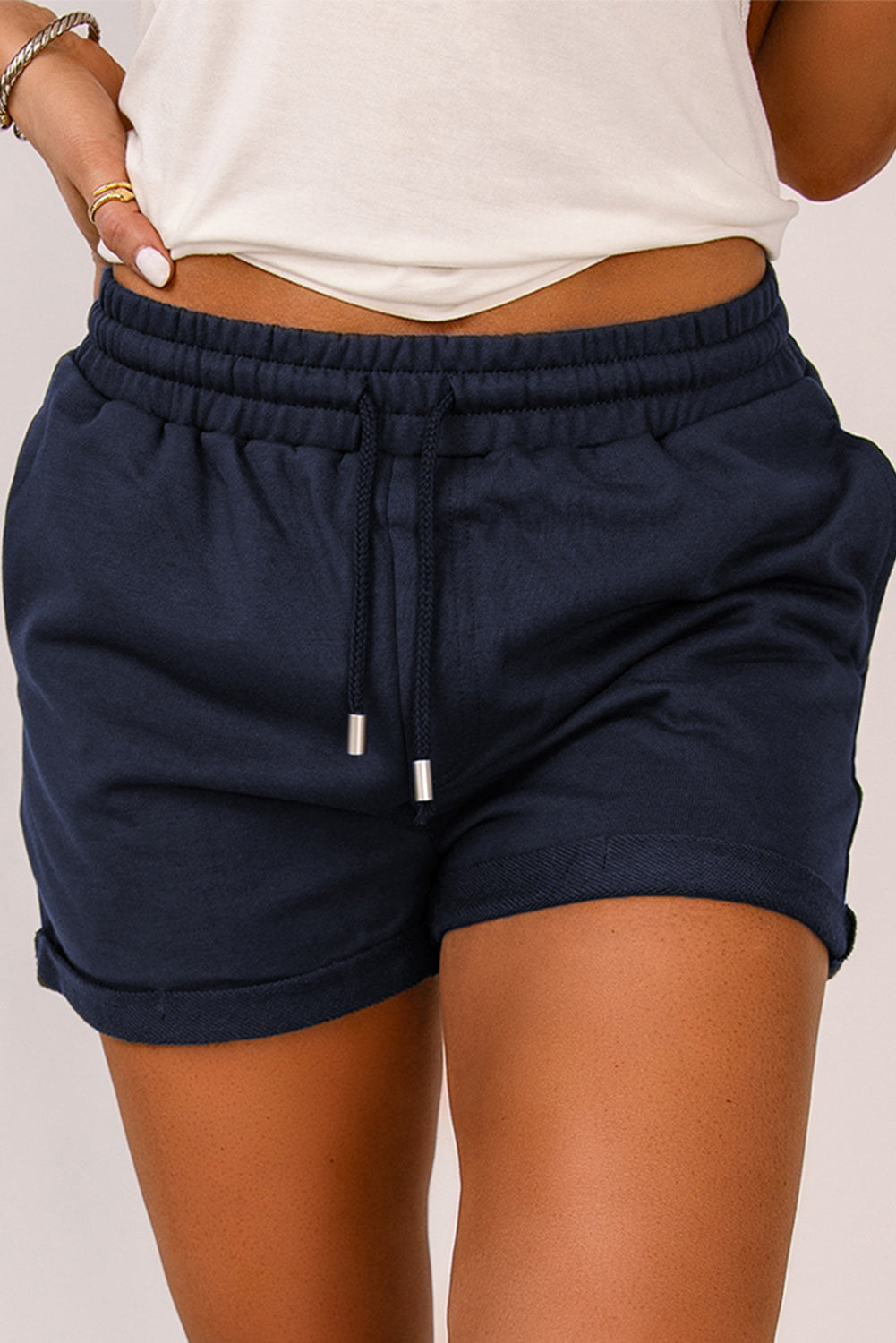 Tie Waist Side Pockets Cuffed Lounge Shorts