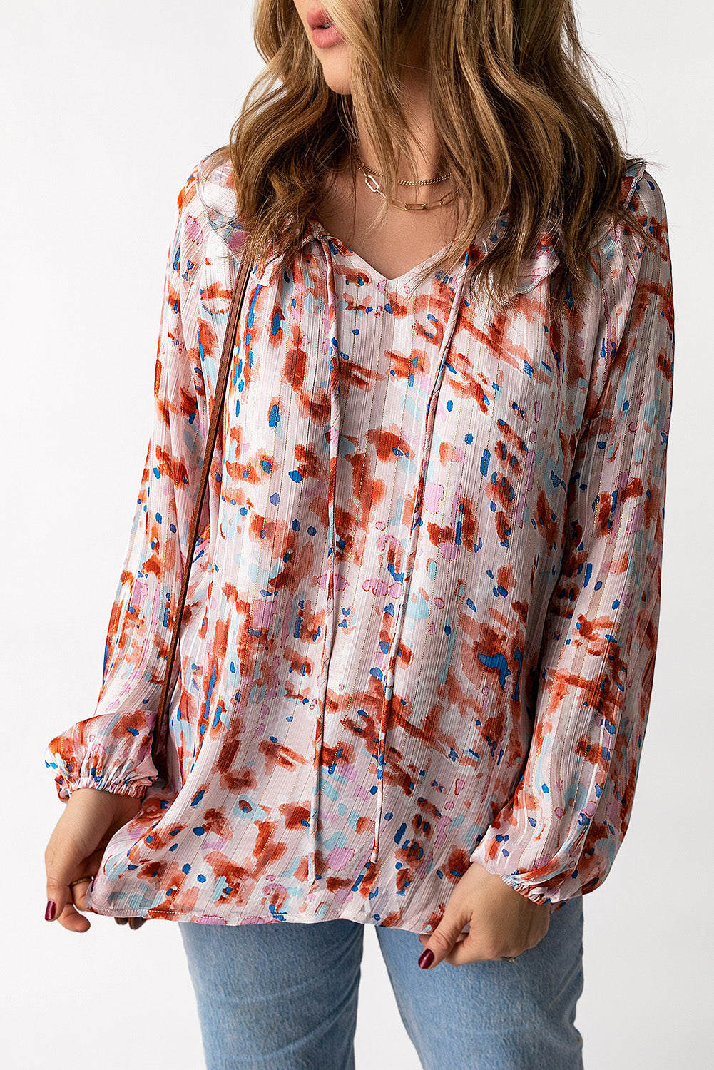 Multicolor Pattern Print Ruffled Pleated Long Sleeve Blouse